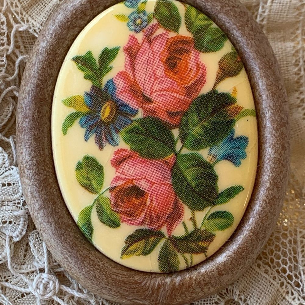 Vintage Austrian transferwear floral rose pin wood